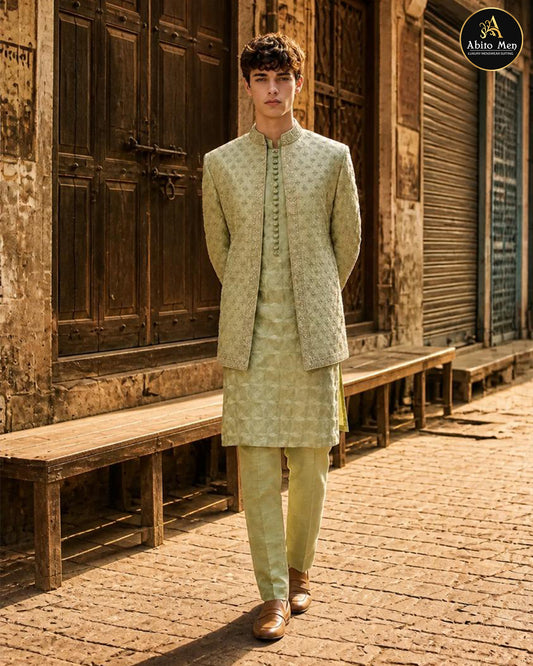 Pistachio green prince coat and textured kurta set - Abito Men wedding wear