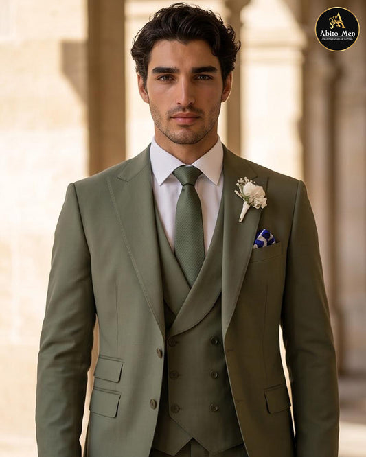 Sage green three piece suit with scoop neck waistcoat - Abito Men groom suit