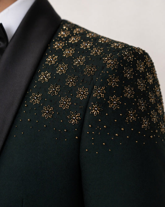 Emerald Green 3 Piece Tuxedo Suit with Black Satin Shawl Lapel