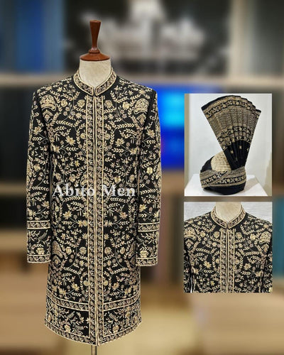 Black Sherwani with Golden Embroidery