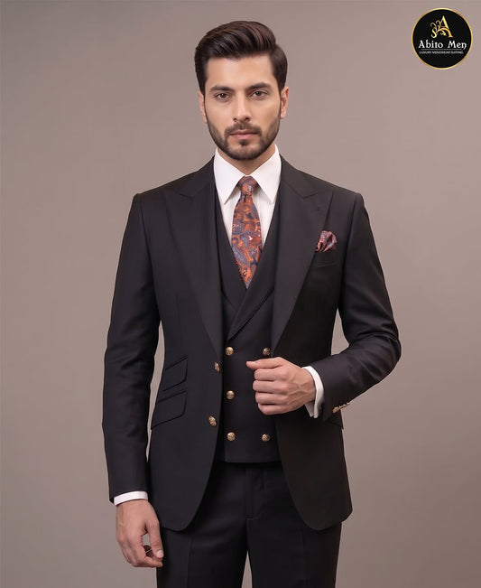 Black 3 piece suit with peak lapels and double breasted waistcoat - Abito Men wedding suit
