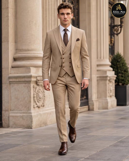 Light brown camel three piece wedding suit for men - Abito Men Modern Gentleman Collection