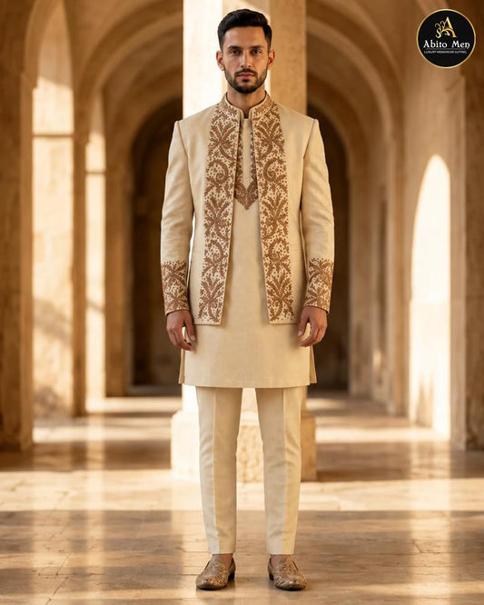 Premium ivory embroidered prince coat and kurta set for men - Abito Men wedding outfit