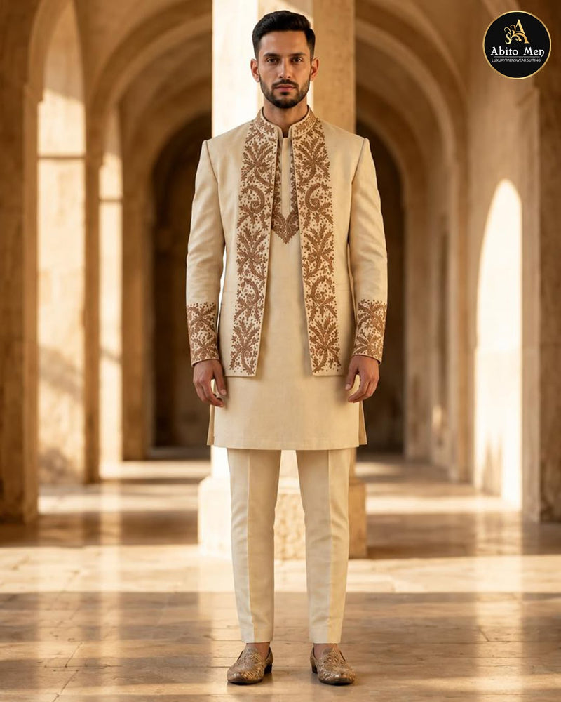 Premium ivory embroidered prince coat and kurta set for men - Abito Men wedding outfit