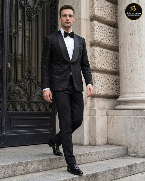 Premium Black Geometric Embroidered Tuxedo for Men