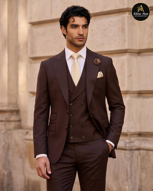 Chocolate brown three piece wedding suit with cream tie - Abito Men