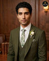 Deep olive green three piece suit with floral tie and boutonniere - Abito Men