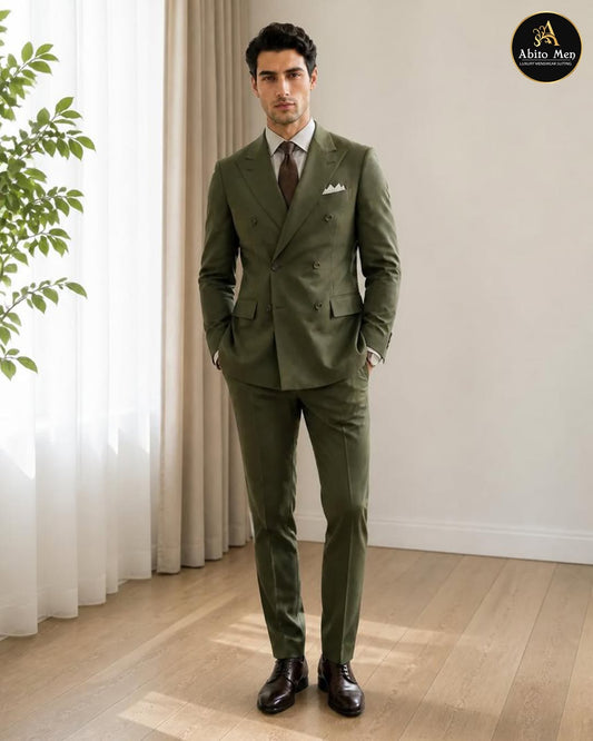 Olive green double breasted suit for men with peak lapels - Abito Men formal wedding suit