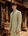 Close view of embroidered pistachio prince coat with embellished borders - Abito Men
