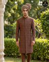 Premium brown embroidered groom sherwani with beige turban - Abito Men wedding sherwani
