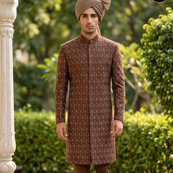 Premium Brown Embroidered Groom Sherwani with Turban