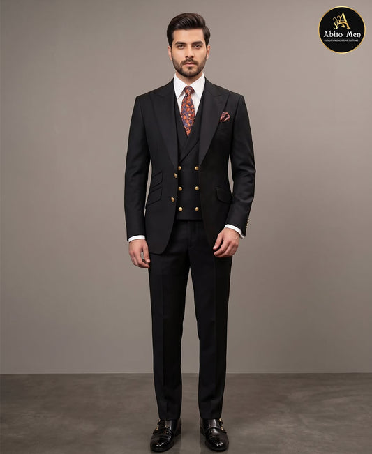 Premium black three piece suit for men with gold button waistcoat - Abito Men