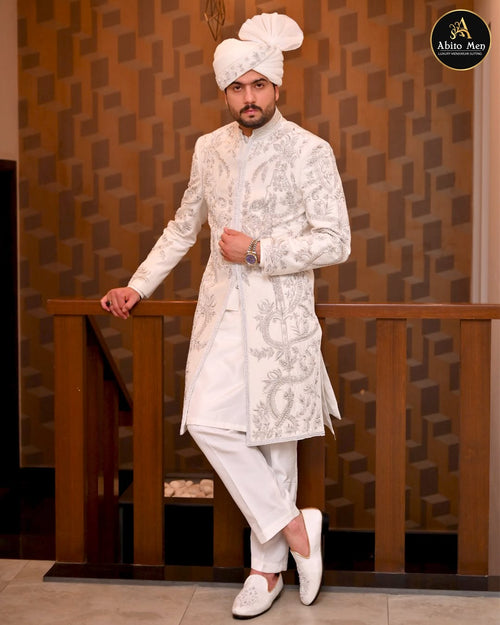 Ivory White Sherwani with Silver Embroidery for Groom