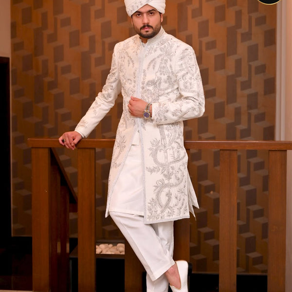 Ivory White Sherwani with Silver Embroidery for Groom