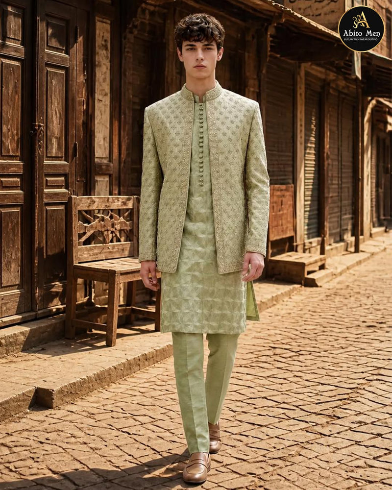Pistachio green embroidered prince coat with kurta pajama for men - Abito Men mehndi outfit
