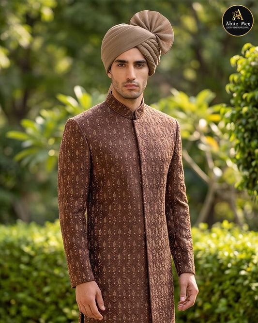 Brown sherwani with gold geometric diamond embroidery for groom - Abito Men
