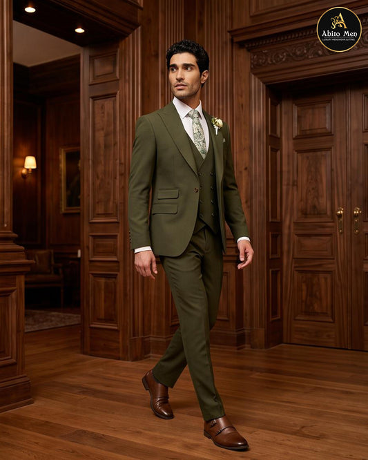 Deep olive green 3 piece suit for men with waistcoat - Abito Men wedding suit