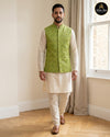 Beige kurta pajama with green embroidered waistcoat - Abito Men festive wear