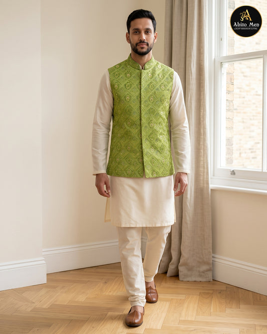 Beige kurta pajama with green embroidered waistcoat - Abito Men festive wear