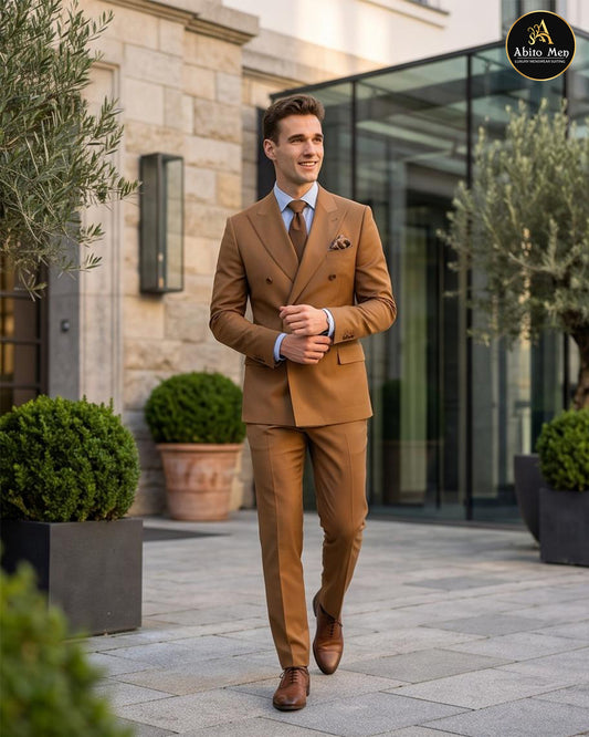 Caramel brown double breasted suit with peak lapels - Abito Men