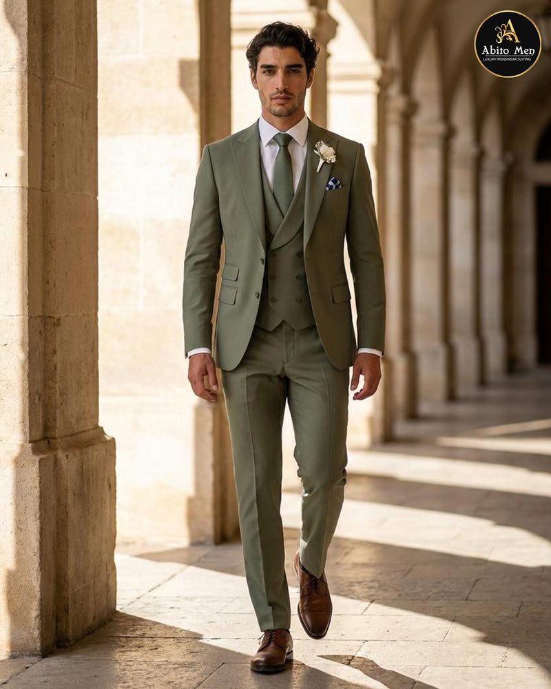 Sage green 3 piece wedding suit for men with waistcoat - Abito Men