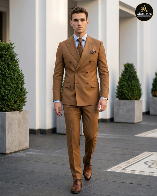 Caramel brown double breasted 2 piece suit for men - Abito Men formal wedding suit
