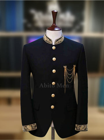 Black Prince Coat with Golden Embroidery