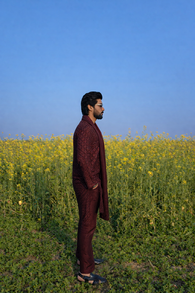 Maroon Royal Embroidered Kurta Pajama with Shawl