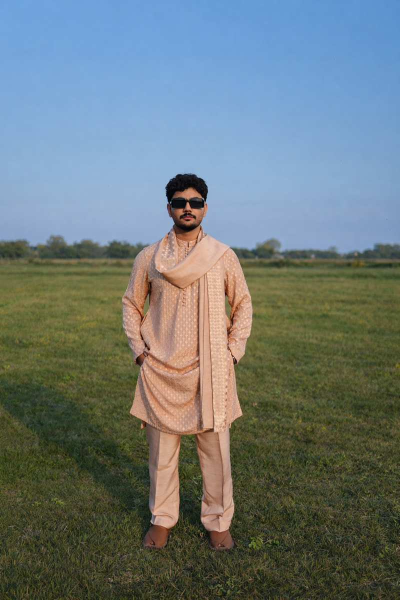 Luxury Beige Embroidered Kurta Pajama with Shawl