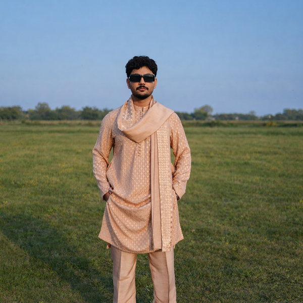 Luxury Beige Embroidered Kurta Pajama with Shawl