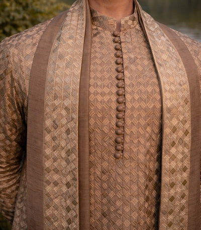 Golden Brown Premium Embroidered Kurta Pajama with Shawl