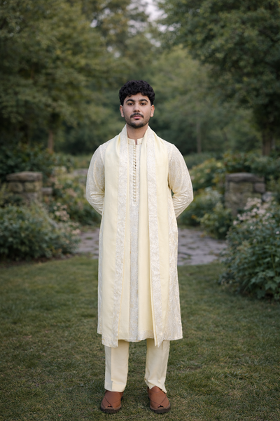 Elegant Cream Embroidered Kurta Pajama with Shawl