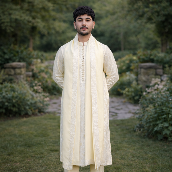 Elegant Cream Embroidered Kurta Pajama with Shawl