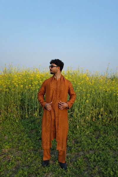 Royal Rust Embroidered Kurta Pajama with Matching Shawl