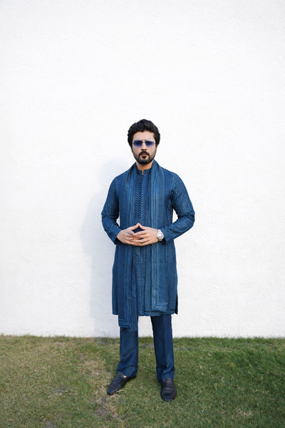 Royal Navy Blue Embroidered Kurta Pajama with Designer Shawl