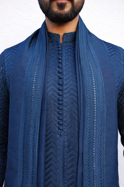 Royal Navy Blue Embroidered Kurta Pajama with Designer Shawl