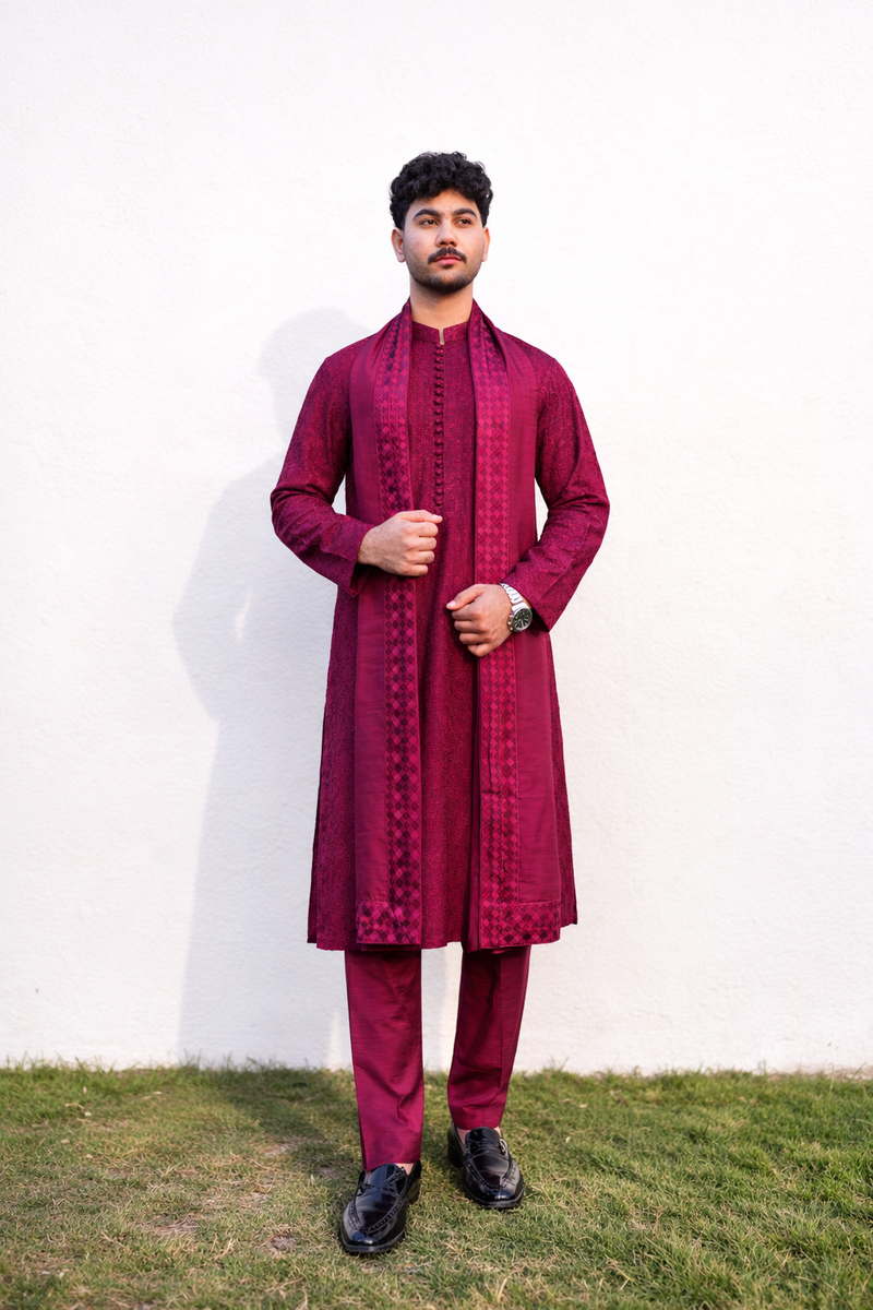 Embroidered Kurta Pajama with Designer Shawl