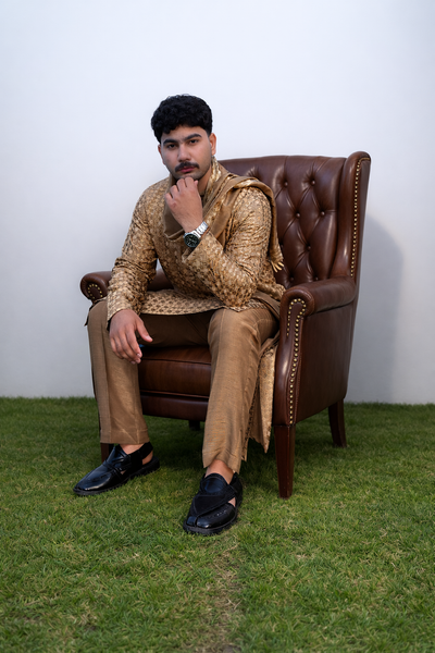 Golden Brown Premium Embroidered Kurta Pajama with Shawl