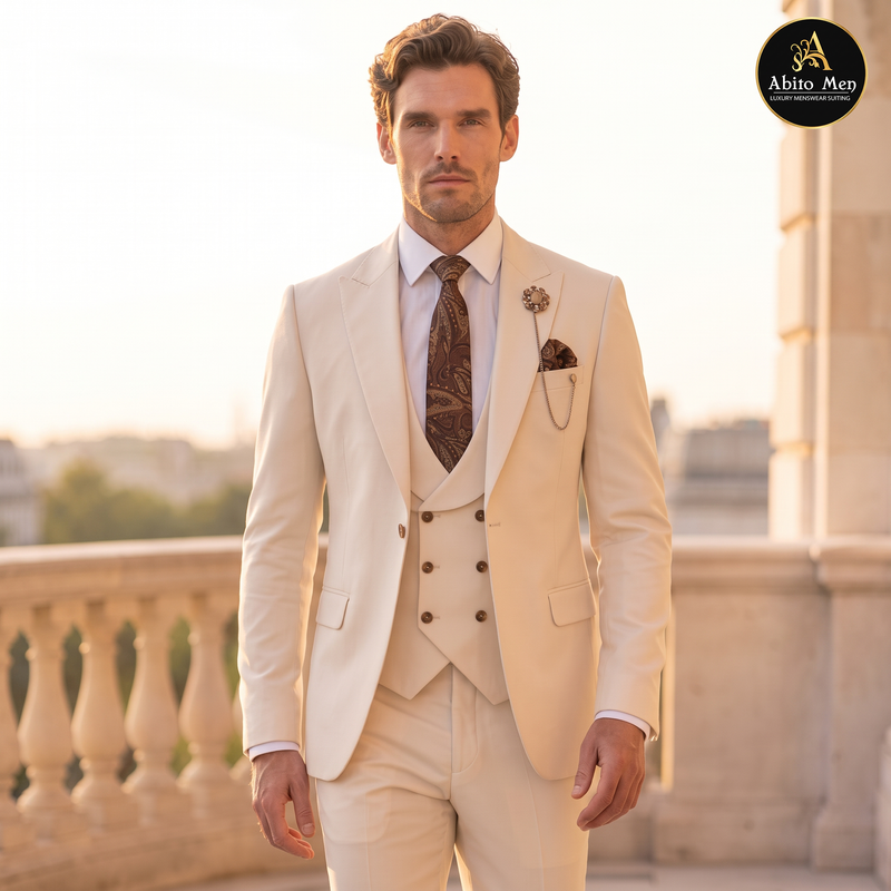 Premium Men's Cream 3-Piece Suit with Double-Breasted Waistcoat