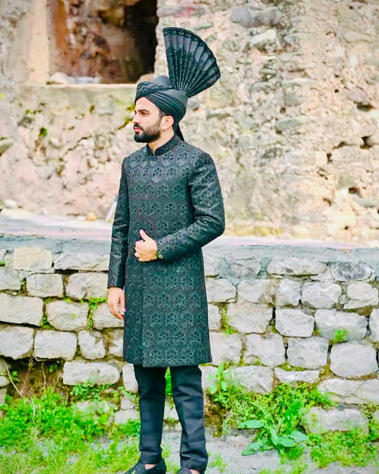 Black brocade groom sherwani with turban