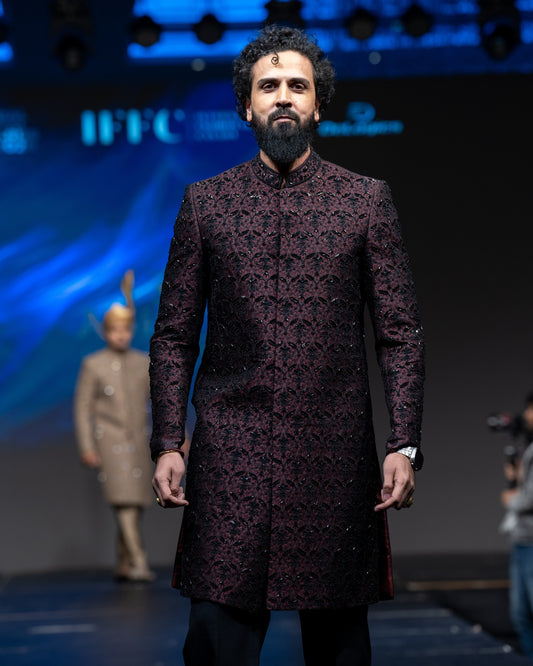 Burgundy Black Embroidered Sherwani