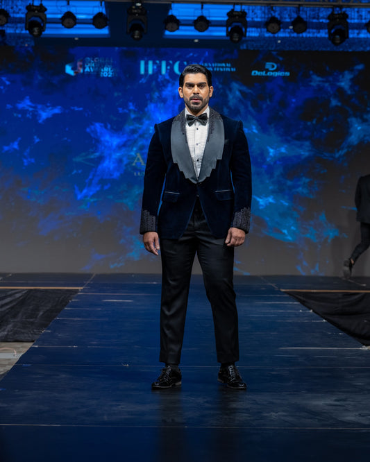 Midnight Navy Velvet Embellished Tuxedo