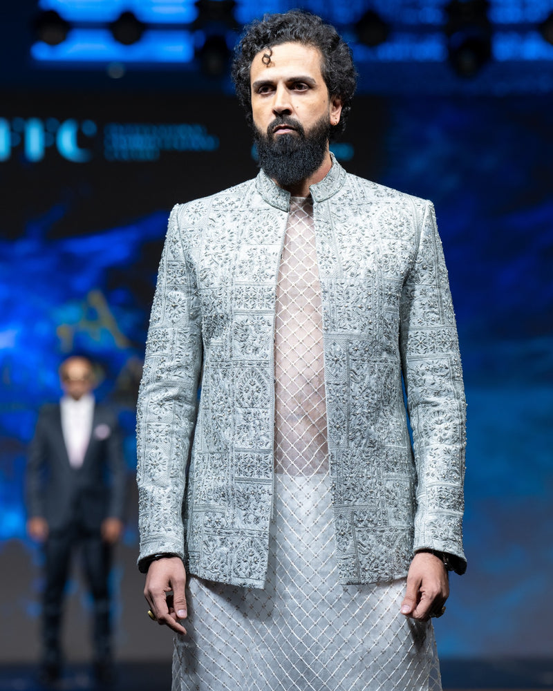 Ice Blue Embroidered Prince Coat Set