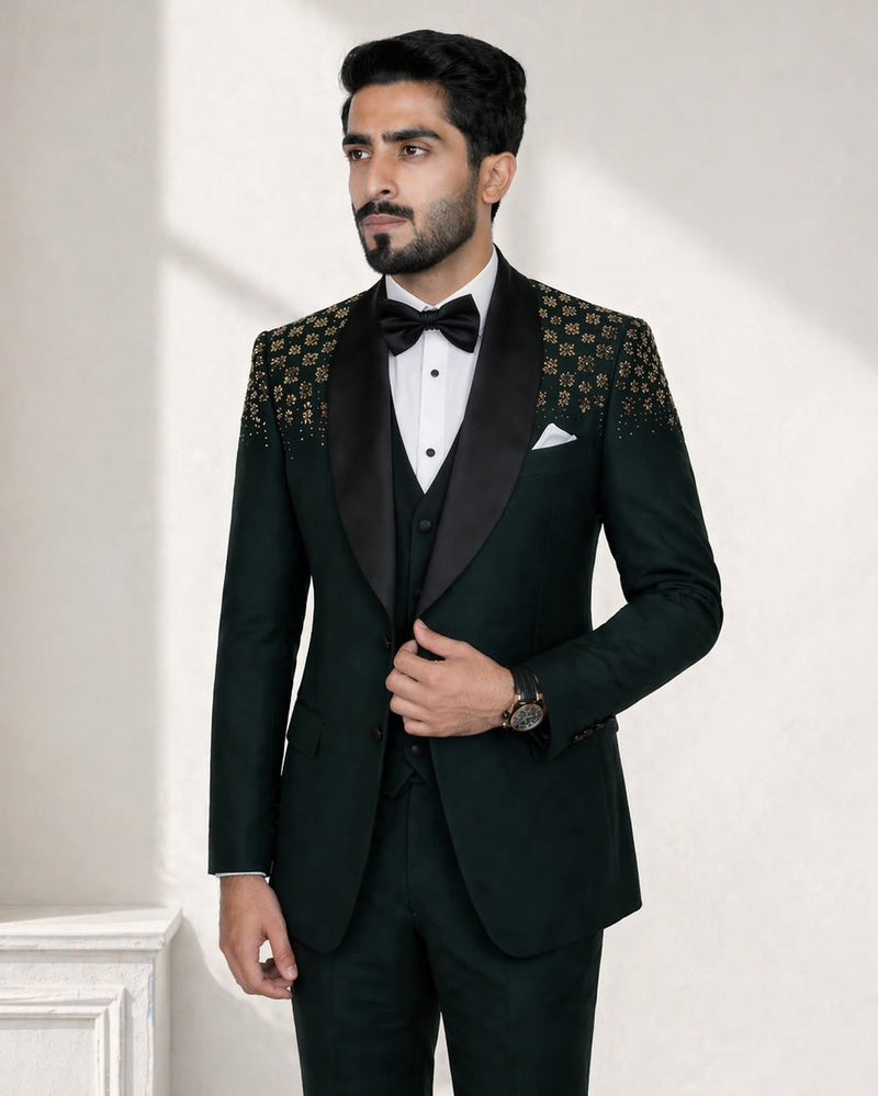 Emerald Green 3 Piece Tuxedo Suit with Black Satin Shawl Lapel