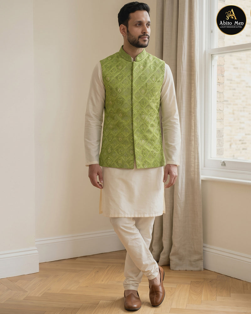 Light beige kurta suit with mehndi green embroidered waistcoat for men - Abito Men
