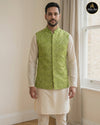 Mehndi green waistcoat with mandarin collar over beige kurta - Abito Men