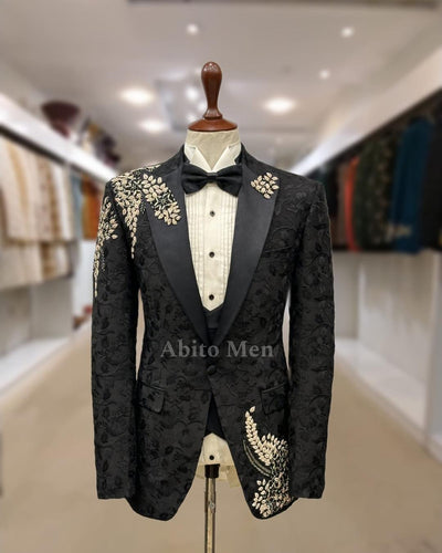 Black Elegant Embroidered 3-Piece Suit