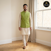 Elegant Light Beige Kurta Suit with Embroidered Mehndi Green Waistcoat