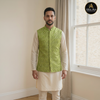 Elegant Light Beige Kurta Suit with Embroidered Mehndi Green Waistcoat