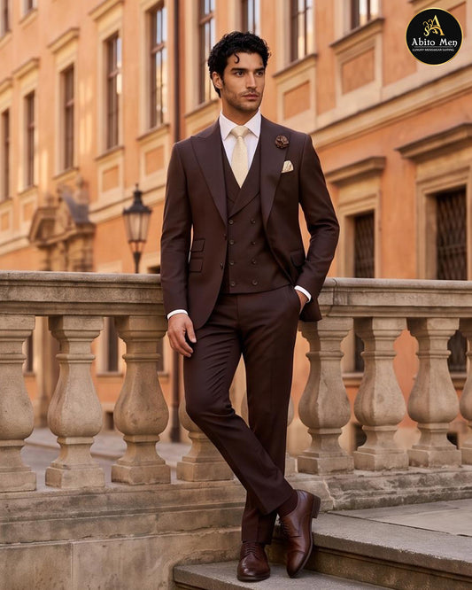 Premium chocolate brown 3 piece suit for men with double breasted waistcoat - Abito Men